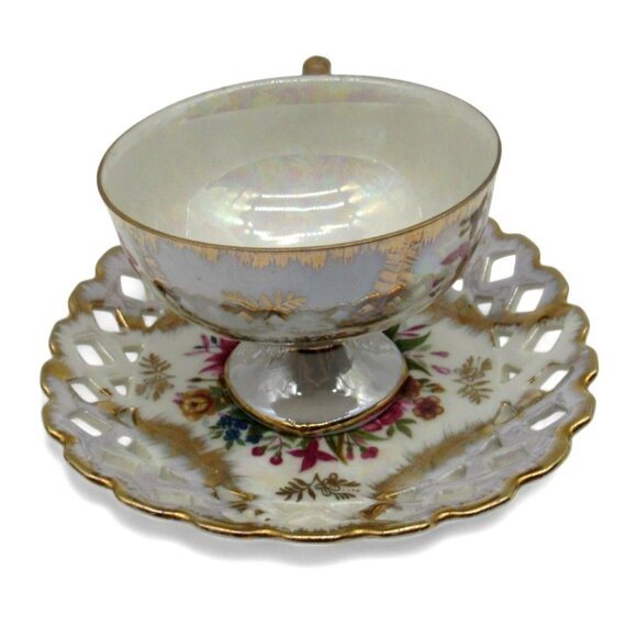 SHAFFORD Cup And Saucer Floral Design Gold Accents IRIDESCENT Finish Japan - Picture 11 of 11